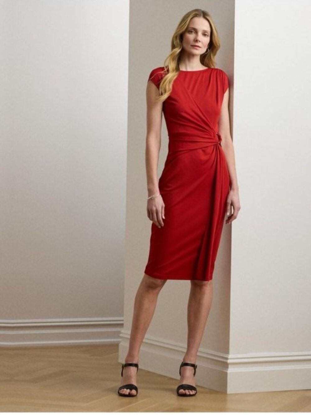 $145 Lauren Ralph Lauren Women's Ring-Trim Jersey Cap-Sleeve Dress Red Size 2,10